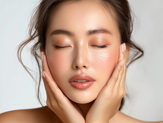 Closeup portrait of radiant woman with flawless skin, natural makeup, and confident smile