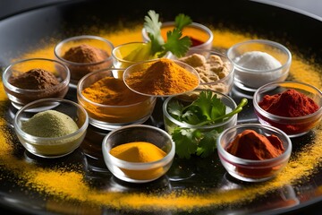 Indian spices and herbs in an enormous set, isolated on a black backdrop. Vibrant seasoning to add spice to food

