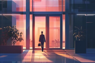 office employee leaving business center at end of working day