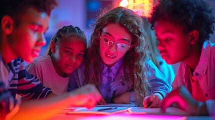Poster - Group of diverse students collaborating on a creative project in a vibrant classroom
