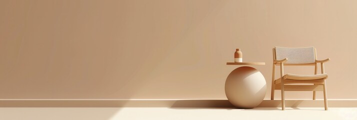 Poster - A wooden chair with a light-colored cushion sits next to a small round table on a large sphere. Generative AI