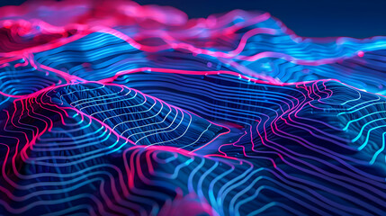 Poster - A highly detailed and mesmerizing topographic map landscape illuminated by vibrant neon blue and pink lighting  The intricate lines contours