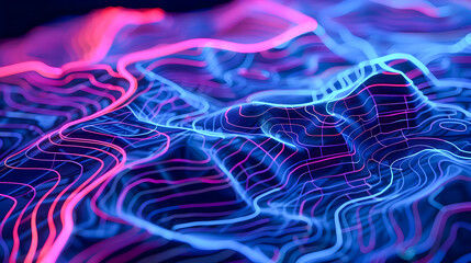 Poster - Mesmerizing neon topographic map featuring intricate layers dynamic lighting and vivid colors that create a captivating and futuristic visual effect