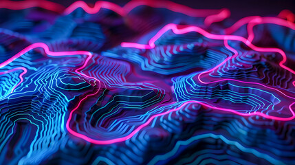 Poster - Stunning neon topographic map with vivid blue and pink lighting that accentuates the intricate contours and elevation changes