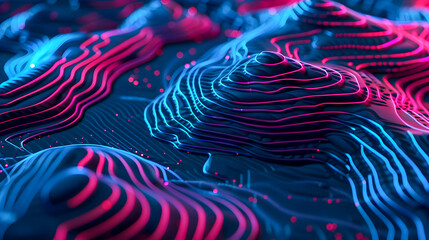 Poster - Futuristic and highly detailed topographic map with neon lights highlighting the elevation contours in striking blue and pink hues
