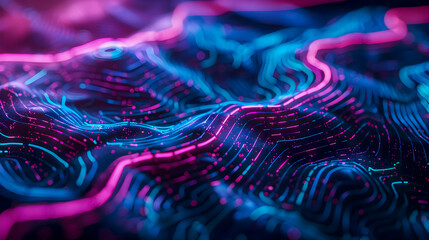 Poster - Neon Illuminated Topographic Map with Captivating Elevation Contours in Futuristic Landscape