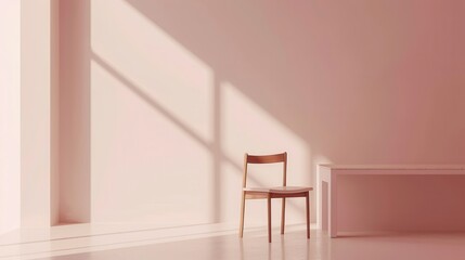 Poster - A wooden chair and bench sit in a pink room, bathed in soft sunlight streaming through a window. Generative AI