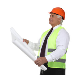 Wall Mural - Engineer in hard hat with draft on white background