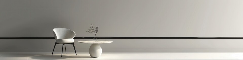 Aufkleber - A white chair with black legs sits next to a round white table with a thin black base, in front of a white wall with a black trim. Generative AI