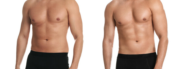 Poster - Man showing body before and after weight loss on white background, closeup