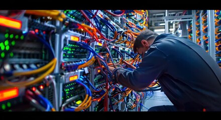 A man is working on a computer server. The server is very large and has many wires