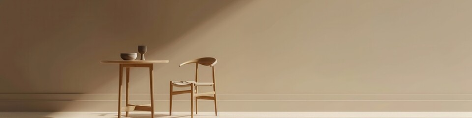 Aufkleber - A wooden table with a bowl and glass sits next to a matching wooden chair in a minimalist room with natural light. Generative AI