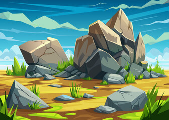 Wall Mural - illustration Vector of green hill with rocks on it, cartoon landscape background