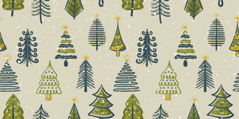 Poster - Snowy background with fir trees and snow. Christmas seamless pattern with stylish Christmas trees decorated with New Year's toys.