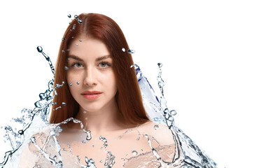 Poster - Attractive woman and splashes of water on white background