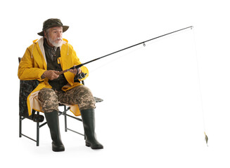 Sticker - Fisherman with rod on fishing chair against white background