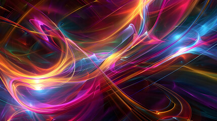 Poster - Vibrant abstract image featuring dynamic neon light trails in shades of pink, blue, yellow, and orange, creating a sense of motion.