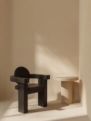 Poster - A black chair with a circular backrest sits beside a white table in a minimalist interior with soft, natural light. Generative AI