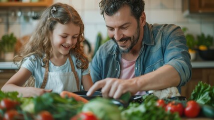 A man and a little girl are in a kitchen, preparing food together