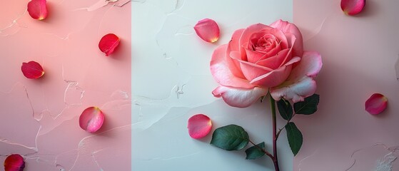 Sticker - Elegant Pink Rose with Petals on Textured Background - Romantic Floral Still Life