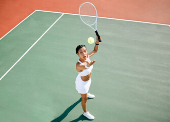 Sticker - Serve, tennis player or woman in game for match, workout or sports exercise on outdoor court. Hobby, ball or above of girl athlete with skill or racket ready for playing, fitness training or practice