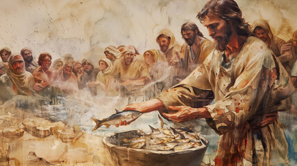 Jesus Christ gives fish to the people, feeding the multitude 5000, biblical miracle, bible story, christian religion, gospel