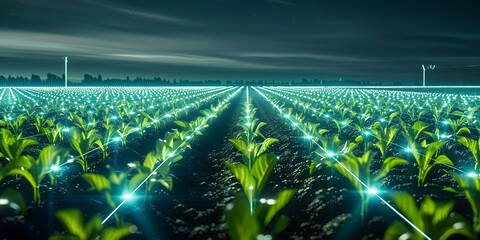 Wall Mural - nighttime view of smart farm with digital grid overlay enhancing crop rows. concept smart farming, d