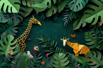 A jungle scene with paper cut animals and lush foliage on a dark green background representing tropical rainforests and wildlife