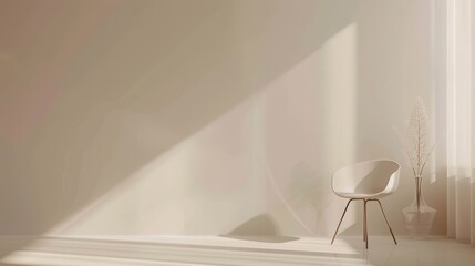 Poster - A single white chair sits in a minimalist room with sunlight streaming in through a window, creating a bright and airy atmosphere. Generative AI
