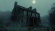 © ProVector - Spooky abandoned house at night with fog surrounding it and a full moon in the background