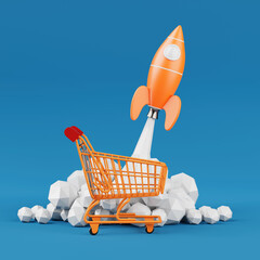 Aufkleber - Sale Startup Concept. Toy Rocket Takes Off Spewing Smoke with Shopping Cart Trolley 3d Rendering
