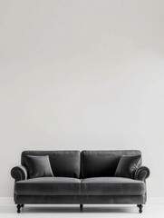 Poster - A grey velvet sofa sits in front of a white wall. Generative AI