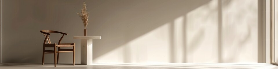 Poster - A wooden chair with a woven seat sits next to a white side table with a vase of dried flowers, sunlight casts shadows on the wall. Generative AI
