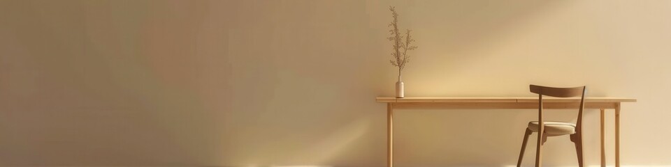 Aufkleber - A wooden desk and chair sit against a beige wall. Dried flowers are in a vase on the desk. Generative AI