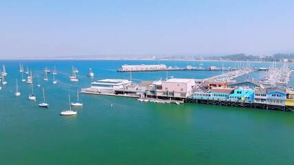 Sticker - Drone view of Old Fisherman's Wharf, Monterey Bay, California with city