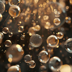 Poster - Abstract image featuring golden bubbles floating against a dark background, illuminated by warm light creating a magical atmosphere.