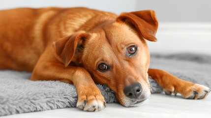 Wall Mural - A brown dog is laying on a rug. The dog has a serious expression on its face