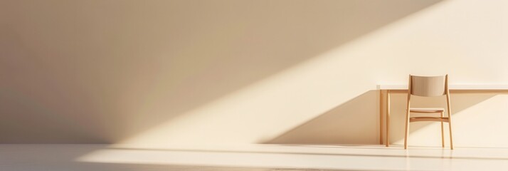 Poster - a single chair sits at a wooden desk in a minimalist room, bathed in sunlight streaming through a wi