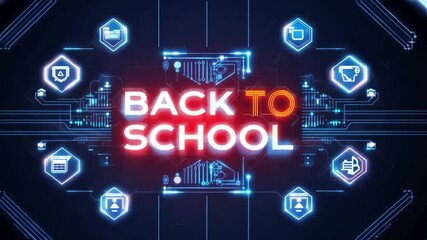 Poster - A digital technology design with Back To School in neon red and orange text and icons.