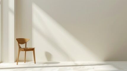 Poster - A single wooden chair sits in a minimalist room bathed in sunlight. Generative AI
