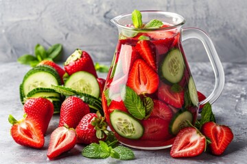 Wall Mural - Refreshing cucumber and strawberry infused water in a glass pitcher emphasizing health hydration and natural ingredients with a clean and fresh aesthetic