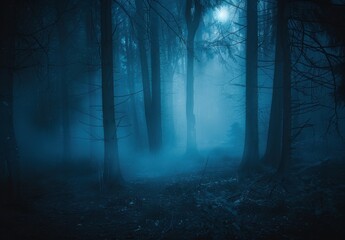 a dark, misty forest with tall trees illuminated by moonlight, creating an eerie, mysterious atmosph