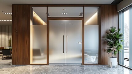 Flat design of a frosted glass door leading to a private office, featuring a stylish wooden frame, rectangular handles, and a nameplate, with an elegant office interior visible through the glass