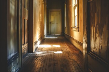 Wall Mural - Interior of a corridor with light coming through the wooden door.