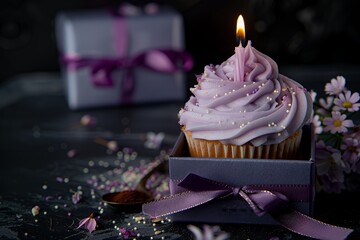 Purple cupcake with lit candle in gift box