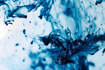 Poster - Abstract image of blue ink swirling and diffusing in water, creating dynamic and fluid patterns against a light background.