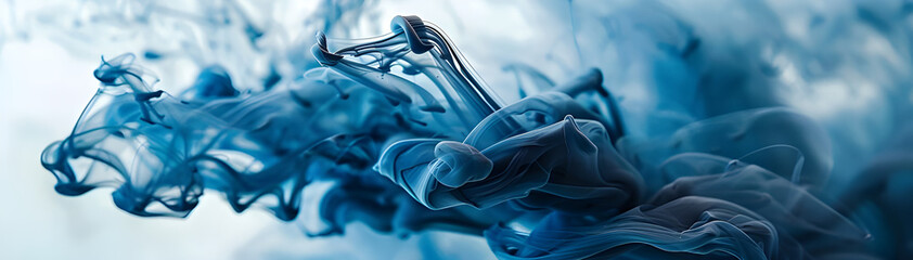 Poster - Abstract image of blue ink swirling and diffusing in water, creating dynamic and fluid patterns against a light background.