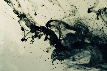 Poster - Abstract image of black ink swirling and diffusing in water, creating dynamic and fluid patterns against a light background.