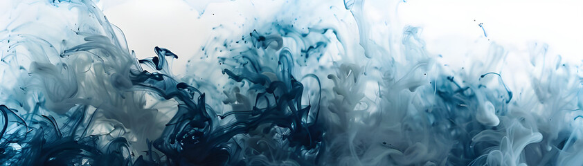 Poster - Abstract image of blue ink swirling and diffusing in water, creating dynamic and fluid patterns against a light background.