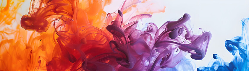 Poster - Vibrant swirls of orange, red, purple, and blue ink mix in water, creating a dynamic and abstract visual effect.